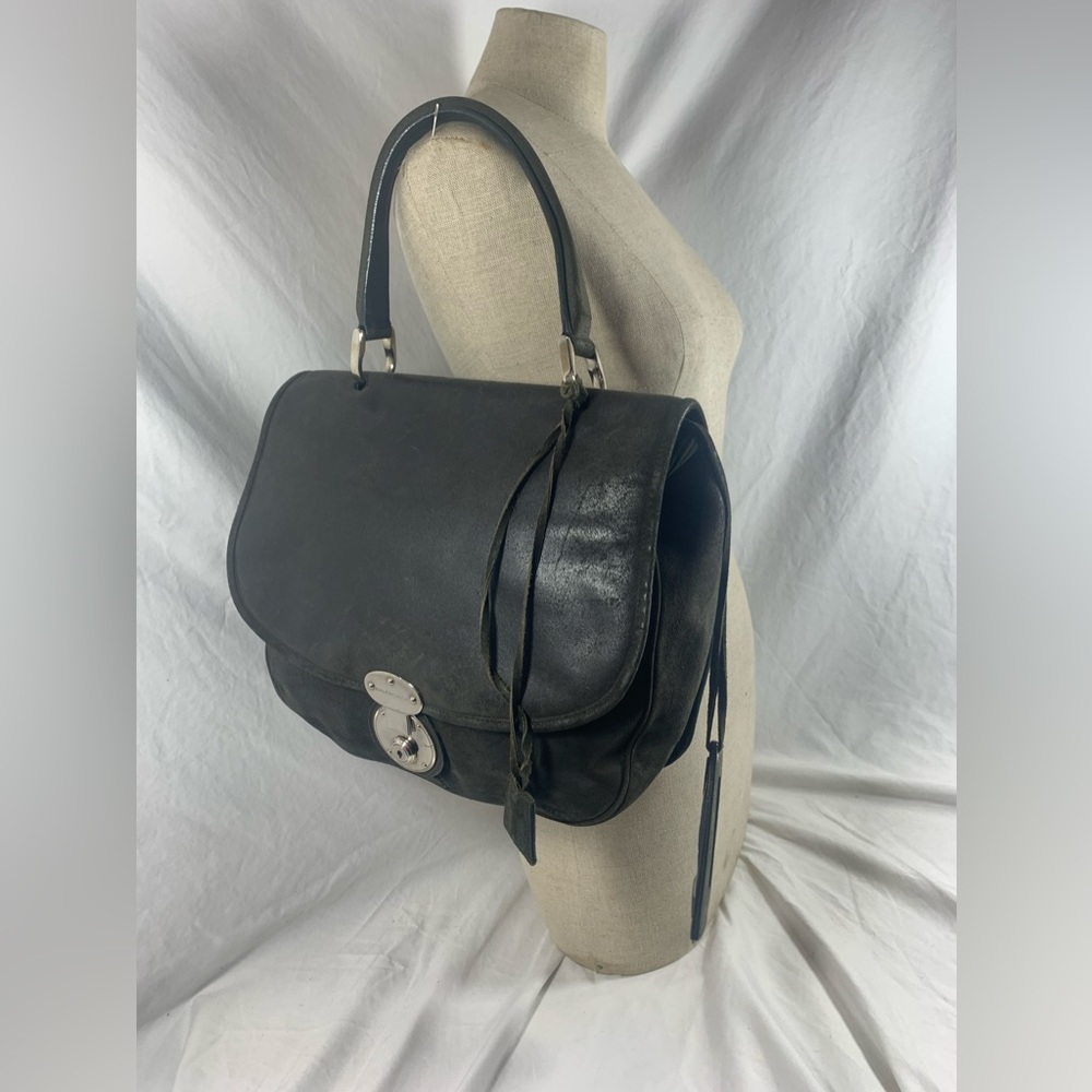 Genuine BALENCIAGA  Saddle work bag distressed dark green suede purse